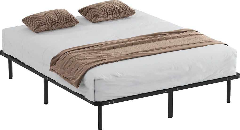Cama de 160 x 190 cm, cama de casal em madeira maciça com base de ripas e pés, espaço de arrumação por baixo, preta