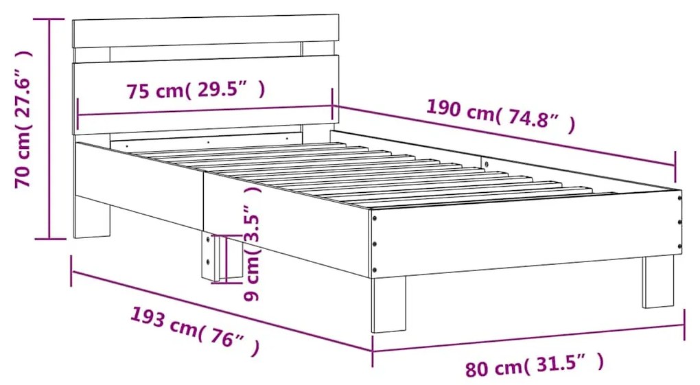 Cama sem colchão com cabeceira 75x190 cm carvalho sonoma