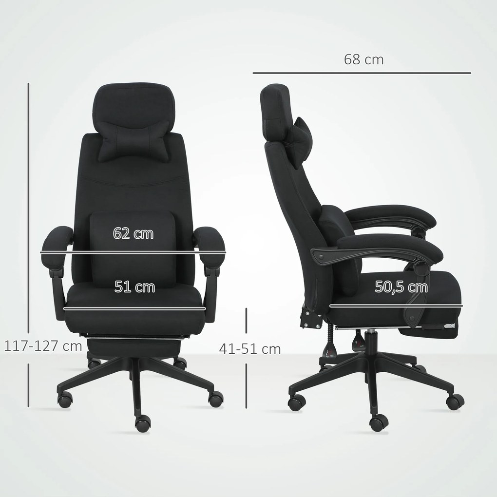 Cadeira de escritório de grande conforto, encosto ajustável, apoio para os pés, Rodas de 360°, linho, 62 x 68 x 127 cm, preta