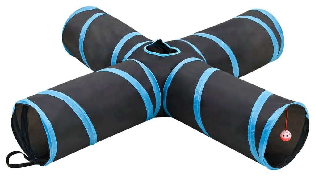 vidaXL Túnel para gatos 4 vias 132 cm poliéster preto e azul