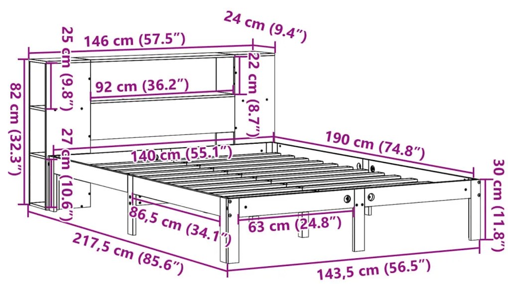 Cama com estante sem colchão 140x190 cm pinho maciço branco