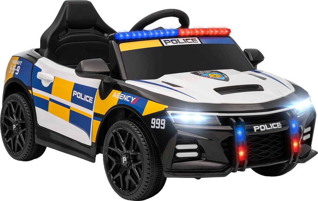Carro Elétrico Infantil Modelo Policia 12V com Comando a Distância 2,4 Luzes Sirene Música USB e Suspensão 96x60x45 cm Multicor