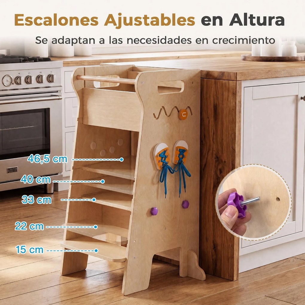 (REVISÃO) Torre de Aprendizagem Infantil Montessori 4 em 1, 57 x 52 x 90 cm, Altura Ajustável, Natural
