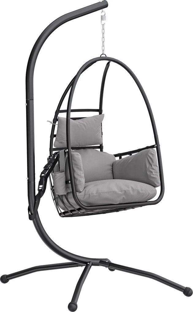 Cadeira Suspensa Tipo Ovo com Suporte Cesto Dobrável Apoio de Cabeça Almofada Bolso Lateral Capacidade 120 kg Cinzento Escuro