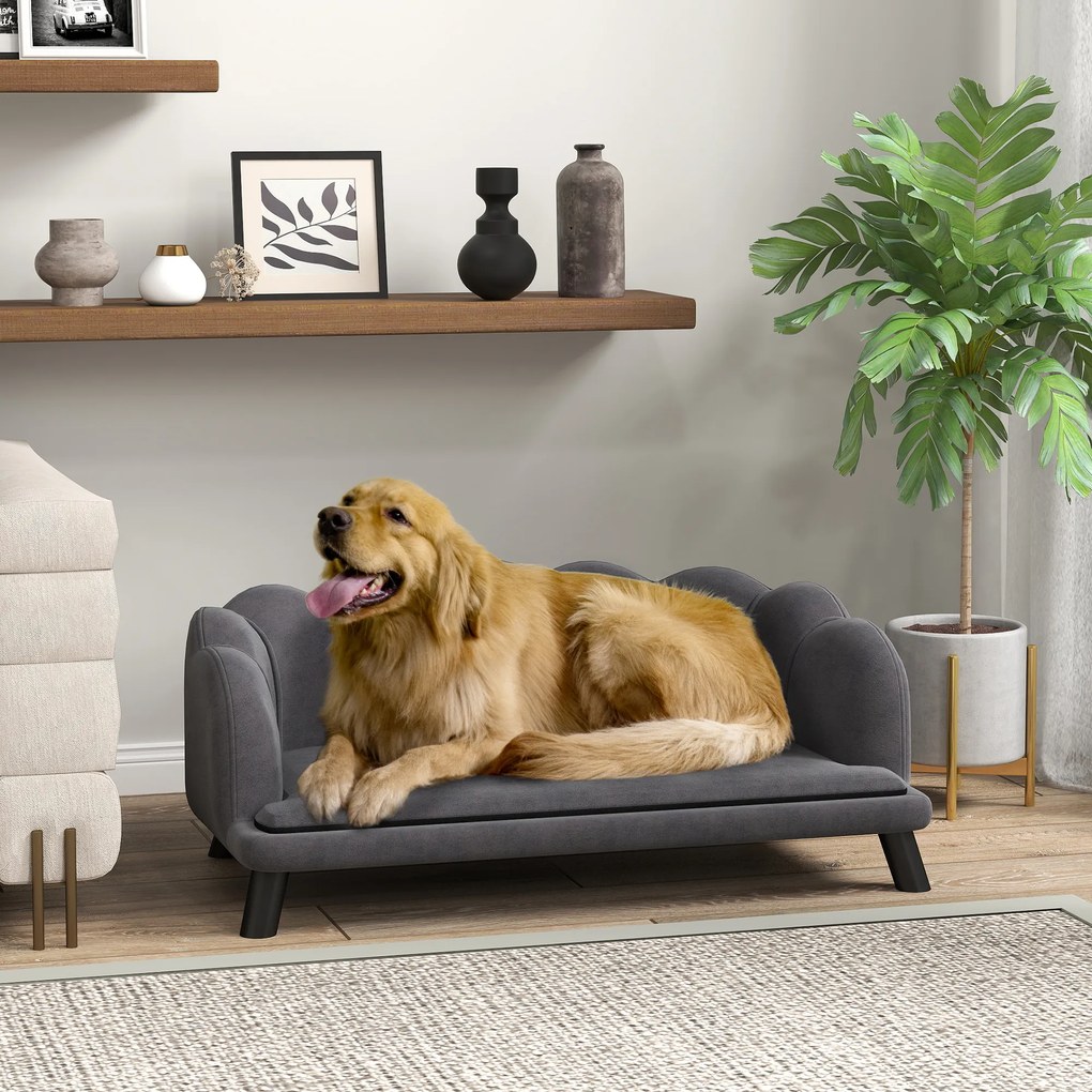 Cama para cães e gatos com design contemporâneo em forma de concha, dimensões: 98 C x 60 L x 35 A cm, almofada macia em veludo cinzento