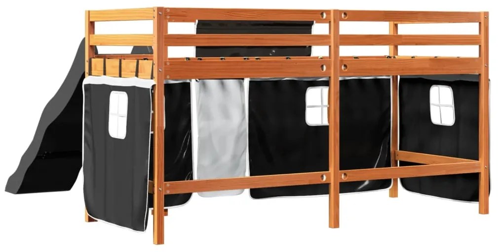 Cama alta criança c/ cortina 80x200cm pinho maciço branco/preto