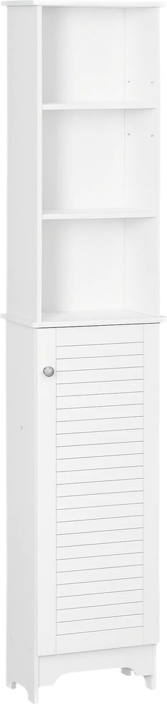 HOMCOM Coluna Casa de Banho com 1 Porta 3 Prateleiras Abertas e Prateleira Interior Ajustável 34x20x165cm Branco | Aosom Portugal