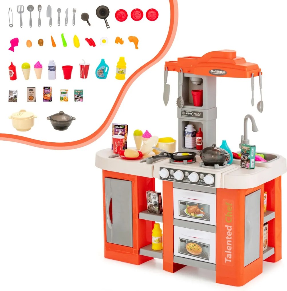 Cozinha de brincar para crianças com 67 peças de comida e utensílios, efeitos sonoros, luz, vapor, pia com água corrente Laranja