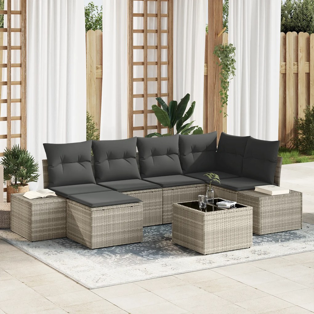 Conjunto de Sofá de Jardim de 7 Peças com Almofadas Cinza Rattan PE