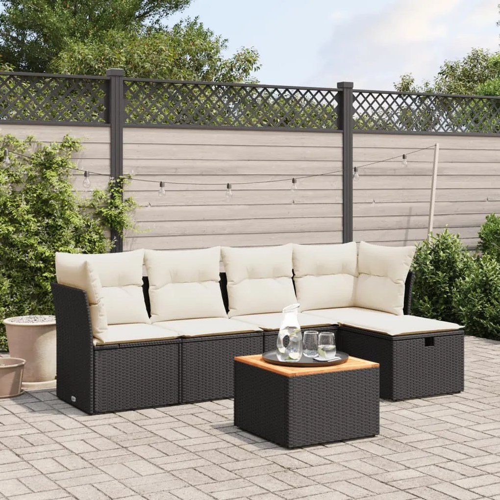 6 pcs conjunto sofás de jardim c/ almofadões vime PE preto