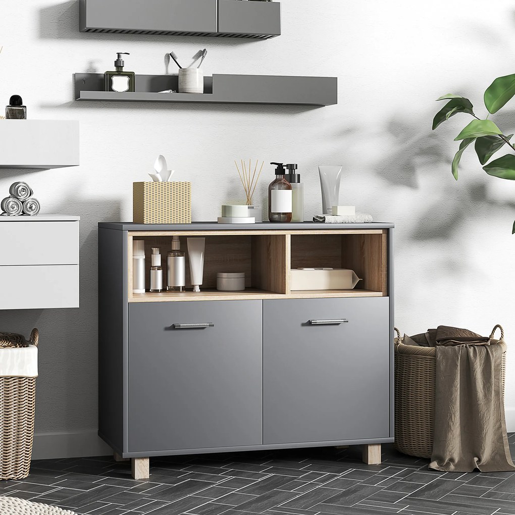 Móvel de arrumação para casa de banho 80 x 35 x 70 cm de estilo moderno com compartimentos abertos e portas duplas cinzento