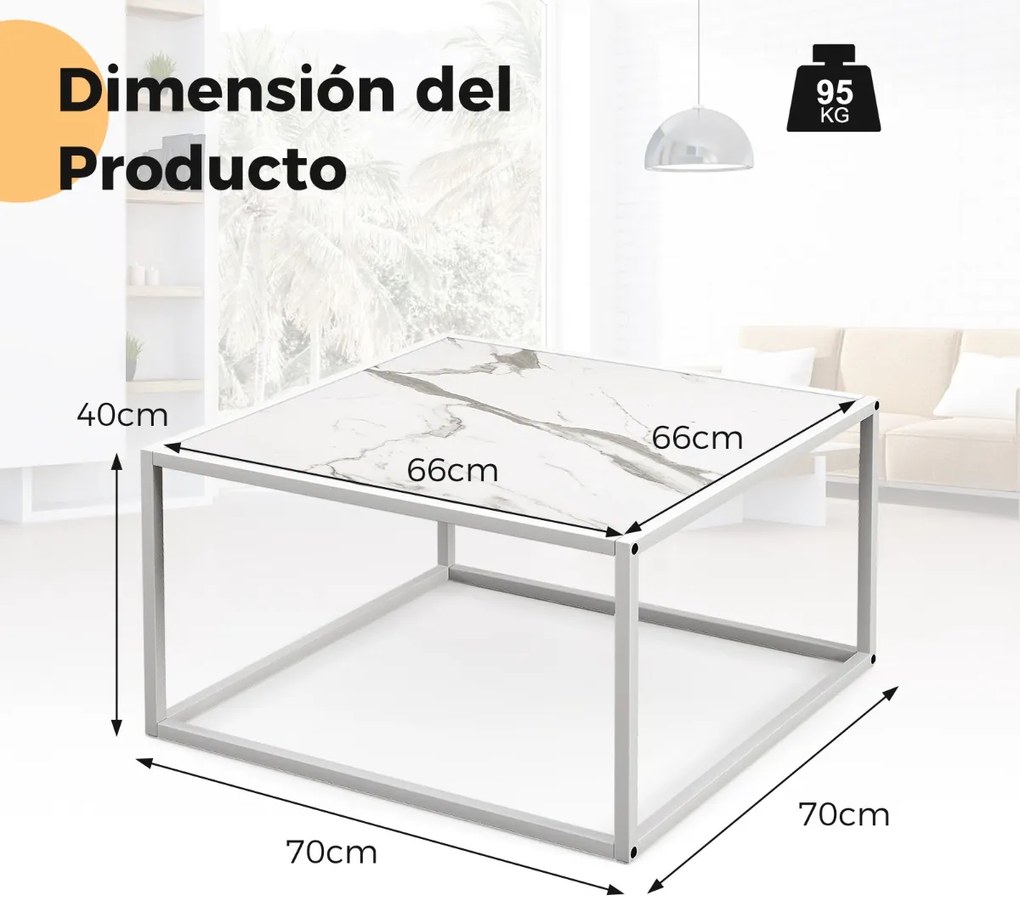 Mesa de centro quadrada moderna com estrutura de aço com tampo de mármore de imitação para sala de estar 70 x 70 x 40 cm Branca