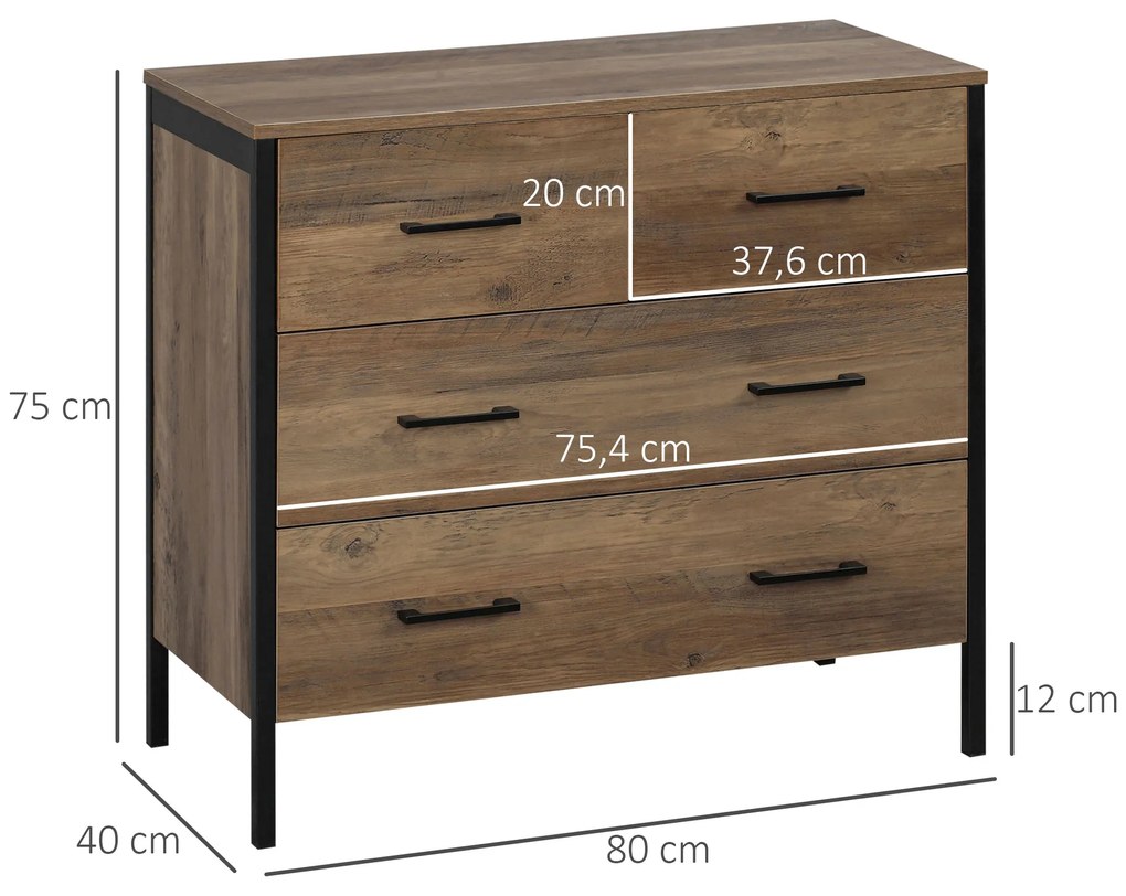 HOMCOM Cómoda com 4 Gavetas Cómoda de Madeira para Dormitório Móvel de Armazenamento Estilo Industrial para Escritório Dormitório Anti-Tombo 80x40x75cm Marrom e Preto