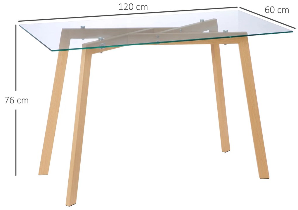 HOMCOM Mesa de Jantar para 4 Pessoas Mesa de Cozinha Moderna com Bancada de Vidro Temperado e Pés de Aço com Efeito de Madeira para Sala de Jantar 120x60x76cm Transparente e Madeira