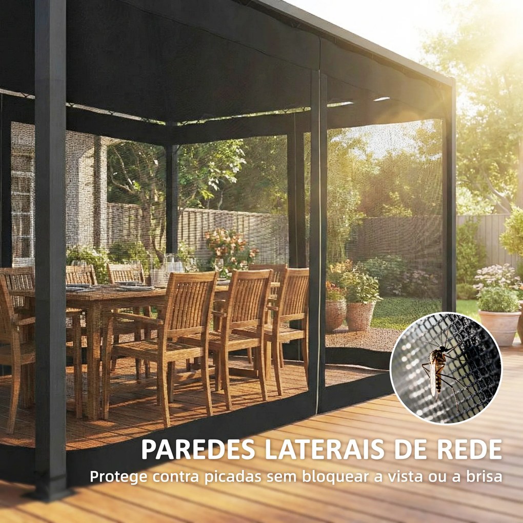 Pérgola de Jardim 3x4 m com Teto Retrátil e 4 Laterais em Rede UPF30+ Pérgola para Exterior Terraço Cinza