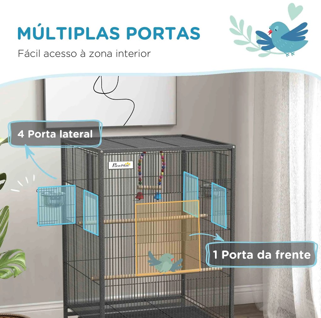 Gaiola para Pássaros com Rodas Gaiola para Aves com Comedouro Poleiro Baloiço e Bandeja Amovível 48x46x74 cm Cinzento