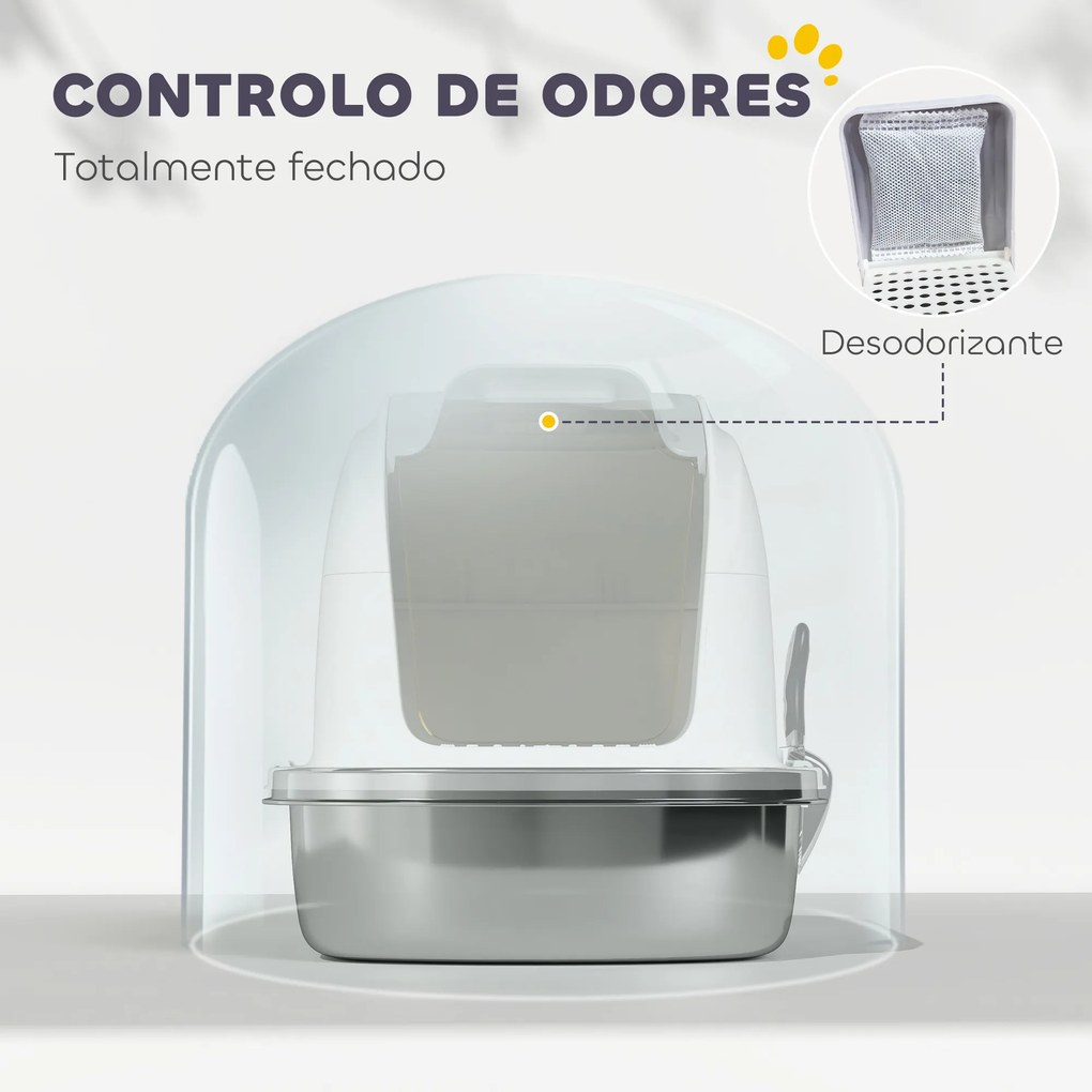 Caixa de Areia para Gatos em Aço Inoxidável XL com Tampa Abatível Laterais Altas Entrada Superior e Pá 52,4x41,3x42 cm Branco