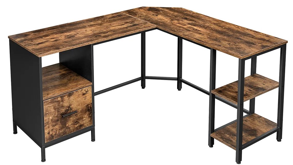 Escrivaninha de canto em L com armário e prateleiras. | VASAGLE | 151 x 137 x 75 cm | castanho rústico|preto | LWD75X.