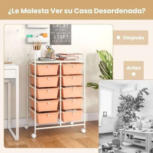 Carrinho móvel multiusos com 10 gavetas 65,5 x 37 x 87 cm com rodas Rosa claro
