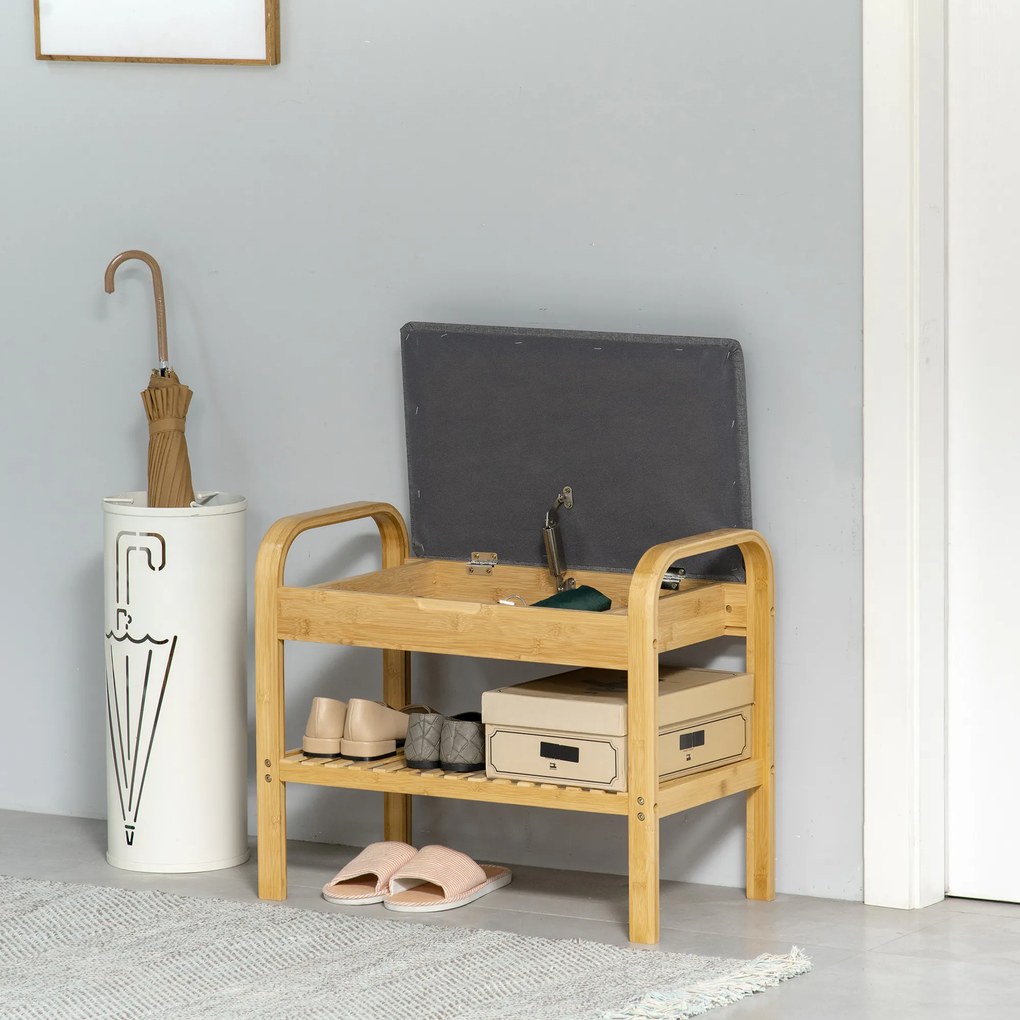 HOMCOM Banco Sapateiro de Bambú Banco para Sapatos com Prateleira Almofada Acolchoada Abatível e Espaço Oculto de Armazenamento para Entrada Corredor 60x33x50cm Natural