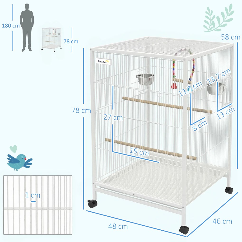 Gaiola para Pássaros com Rodas Poleiros Baloiço Bandeja Removível e Tigelas de Aço Inoxidável 48x46x78 cm Branco