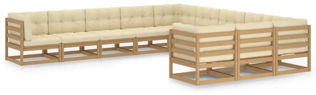 vidaXL 11pcs conj. lounge jardim almofadões pinho maciço castanho mel