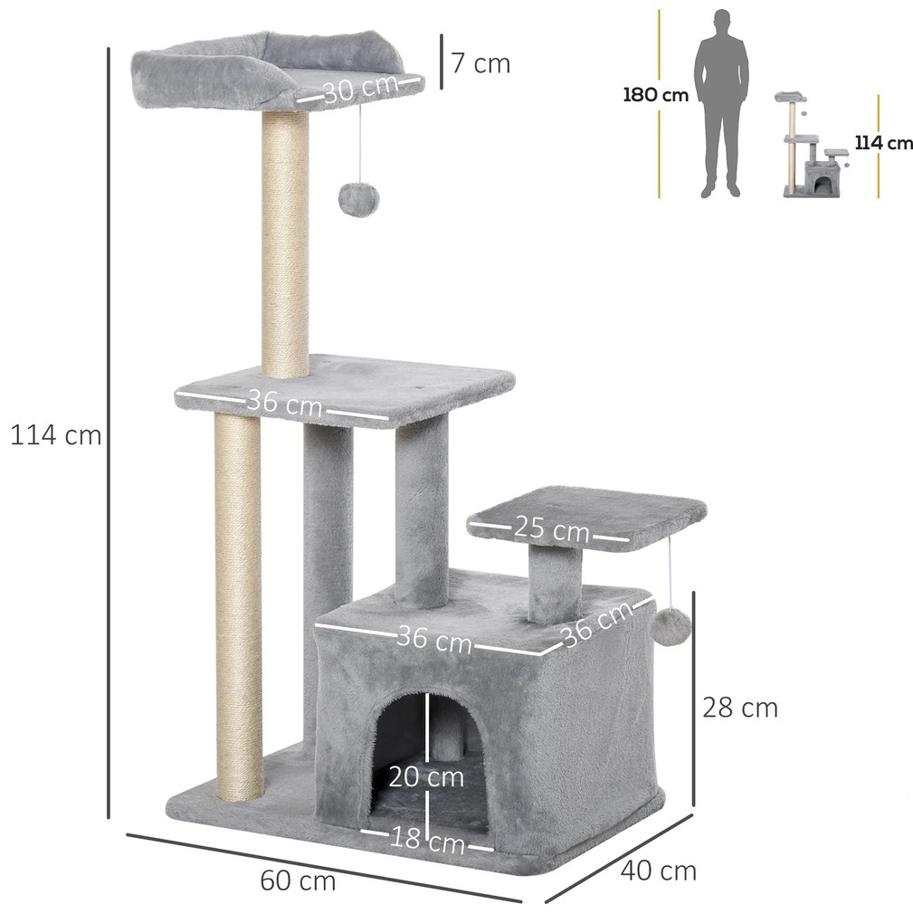 Arranhador para Gatos Altura 114 cm com Postes de Sisal 3 Plataformas Caverna e 2 Bolas Suspensas Cinza Claro