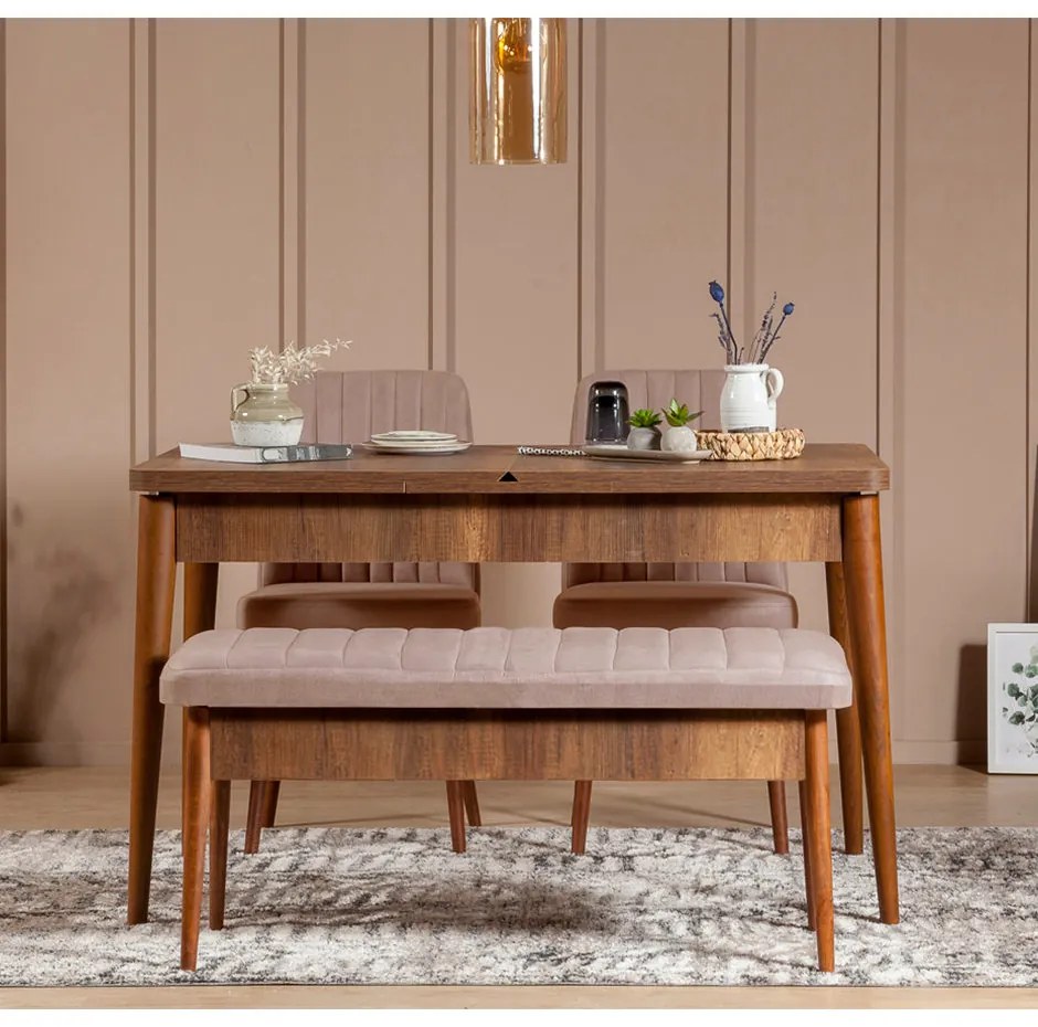 Conjunto de Mesa de Jantar Extensível e Cadeiras Vina – Nogueira e Ped