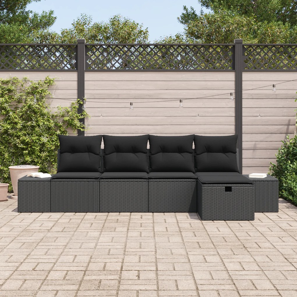Conjunto de Sofá de Jardim de 5 peças com Almofadas Preto Vime PE