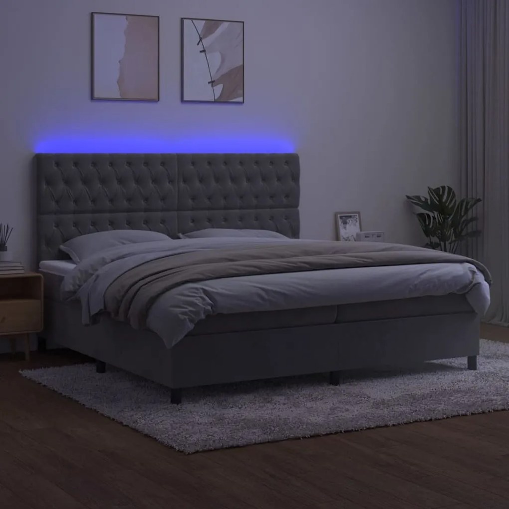 Cama box spring c/ colchão/LED 200x200 cm veludo cinzento-claro