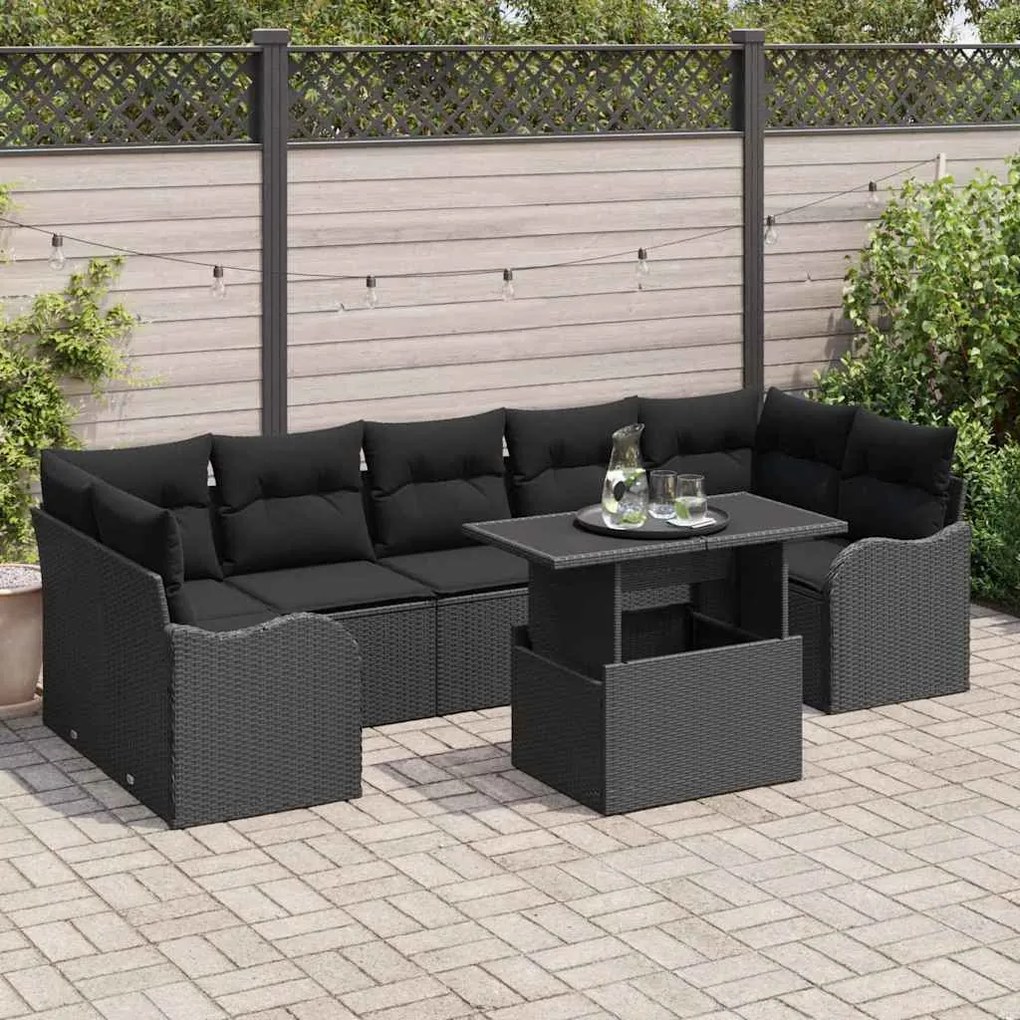vidaXL Conjunto de Sofá de Jardim 8 Peças com Almofadas Pretas em Poly Rattan