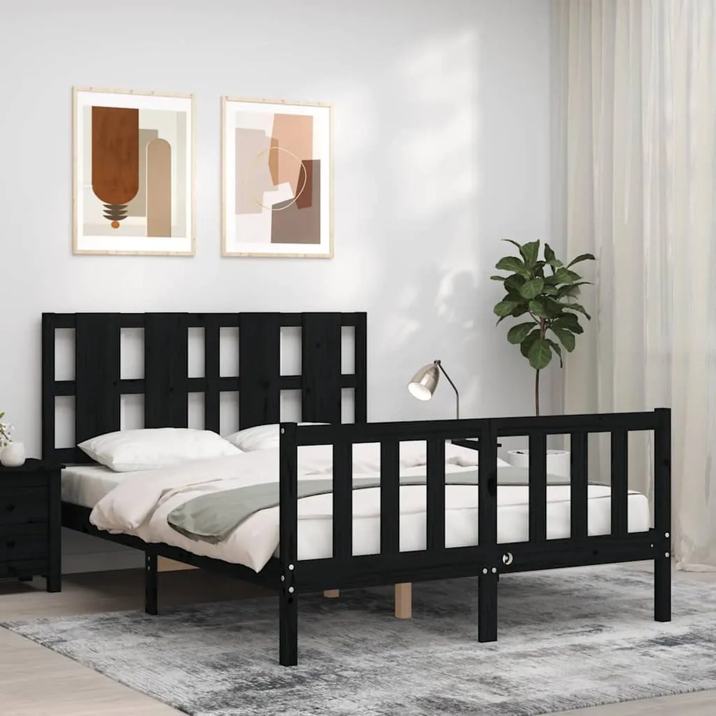 Estrutura de cama de casal com cabeceira madeira maciça preto