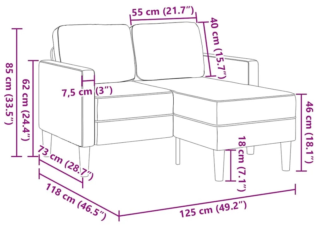 Sofá 2 lugares com Chaise em L 125 cm veludo creme