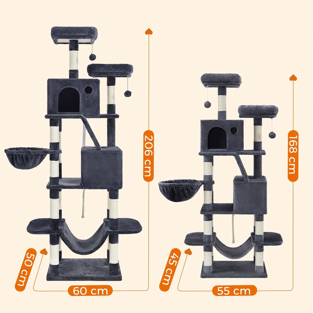 Arranhador Gatos 55 x 45 x 168 cm com 2 grutas Cinzento fumado