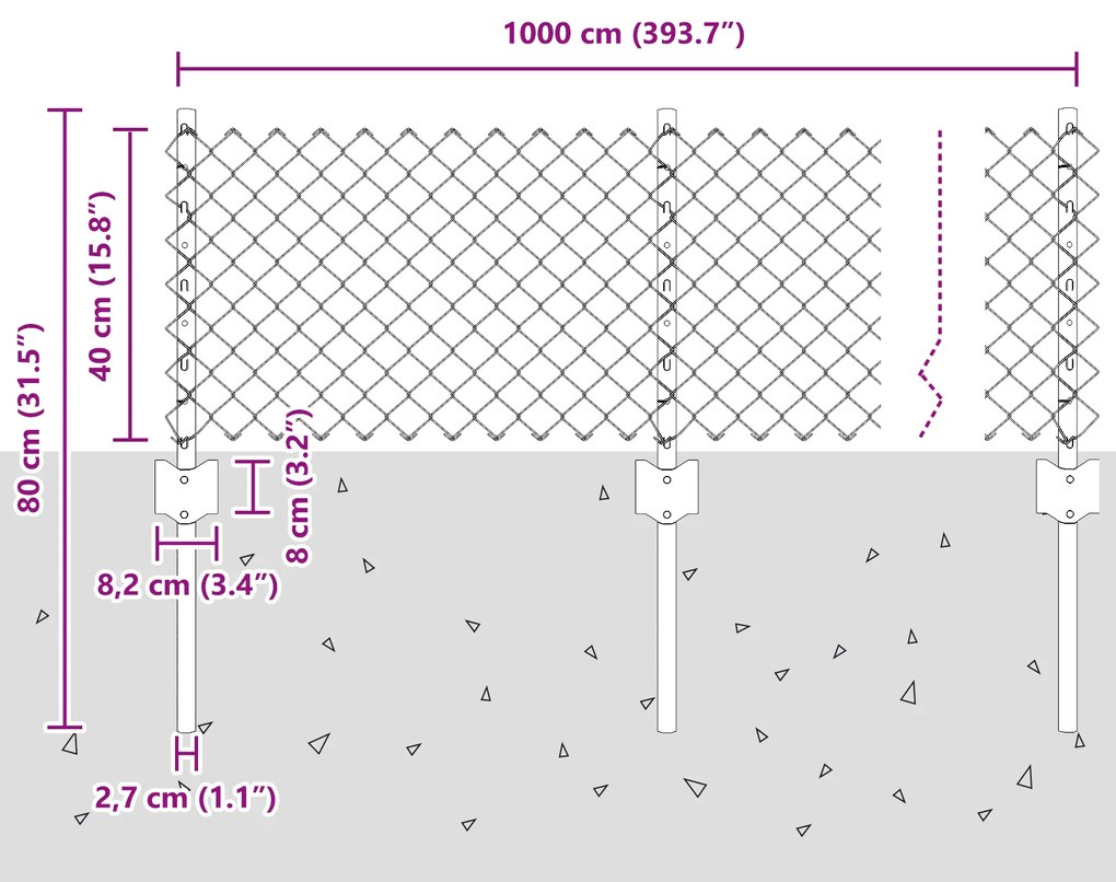 Cerca de Cadeia com 10 Postes em U Prateados 0,4x10 m de Aço