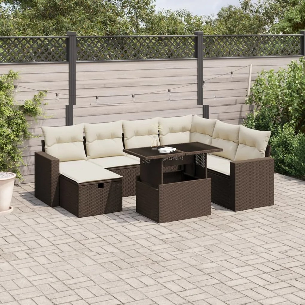 8 pcs conjunto sofás de jardim c/ almofadões vime PE castanho