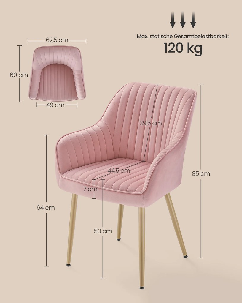 Cadeira de cozinha, jantar com braços rosa pastel-dourado pálido