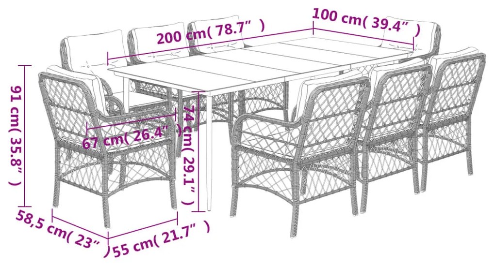 9 pcs conjunto de jantar p/ jardim com almofadões vime PE bege