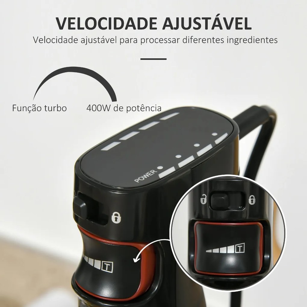 Varinha Mágica 1000W 4 em 1 com Velocidades Ajustáveis 2 Lâminas de Aço Inoxidável Picador 500ml Copo Medidor 800ml e Batedeira 10x6,5x41cm Preto