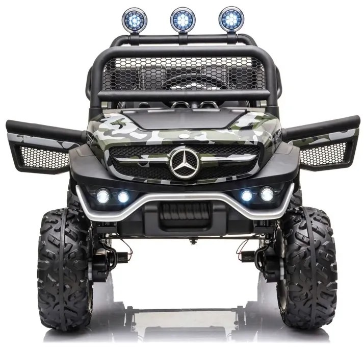 Carro elétrico para crianças Mercedes Unimog 12v, pneus de borracha, assento de couro camuflado