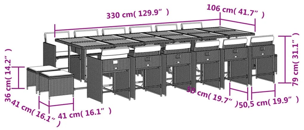 17 pcs conjunto de jantar p/ jardim c/ almofadões vime PE bege