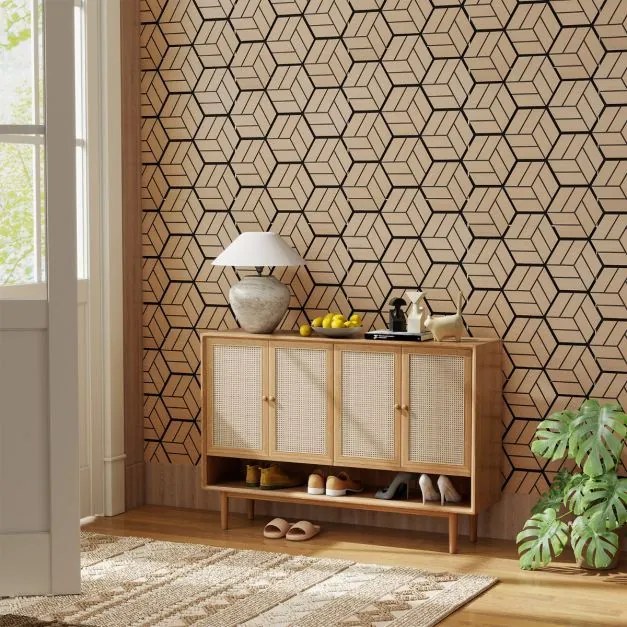 Conjunto de 4 painéis acústicos 81 x 66 cm com 9 painéis hexagonais de madeira para redução de ruído e decoração de tetos e paredes