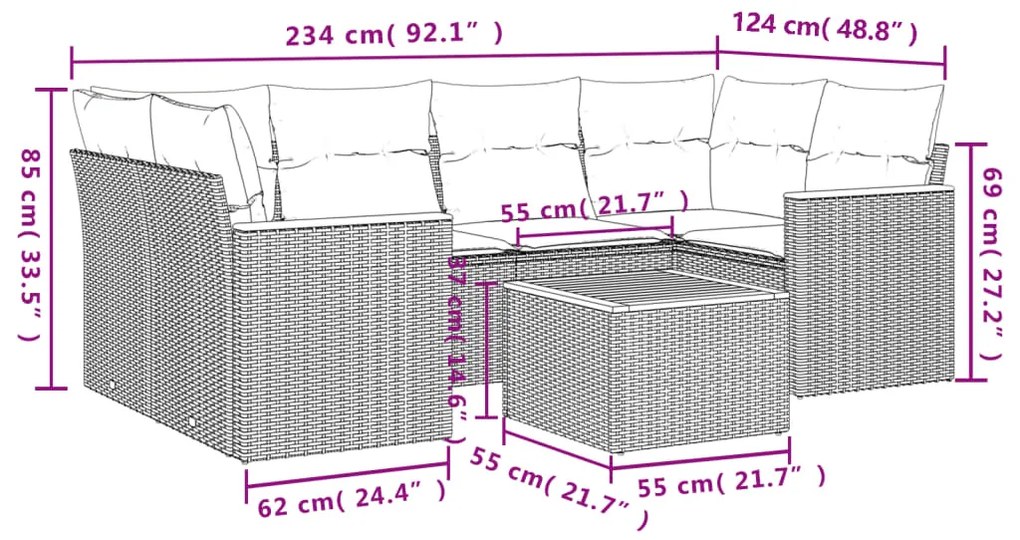 7 pcs conjunto sofás p/ jardim c/ almofadões vime PE cinzento