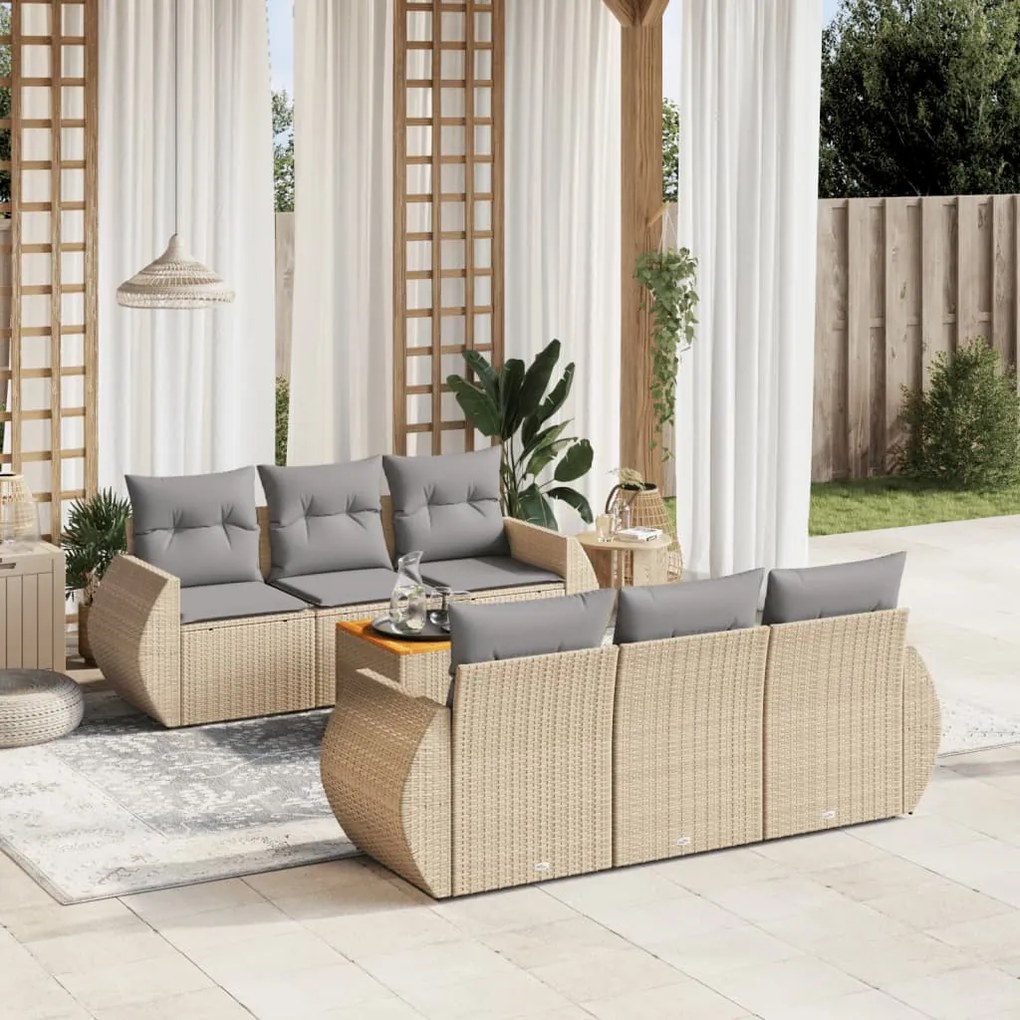 7 pcs conjunto de sofás p/ jardim com almofadões vime PE bege