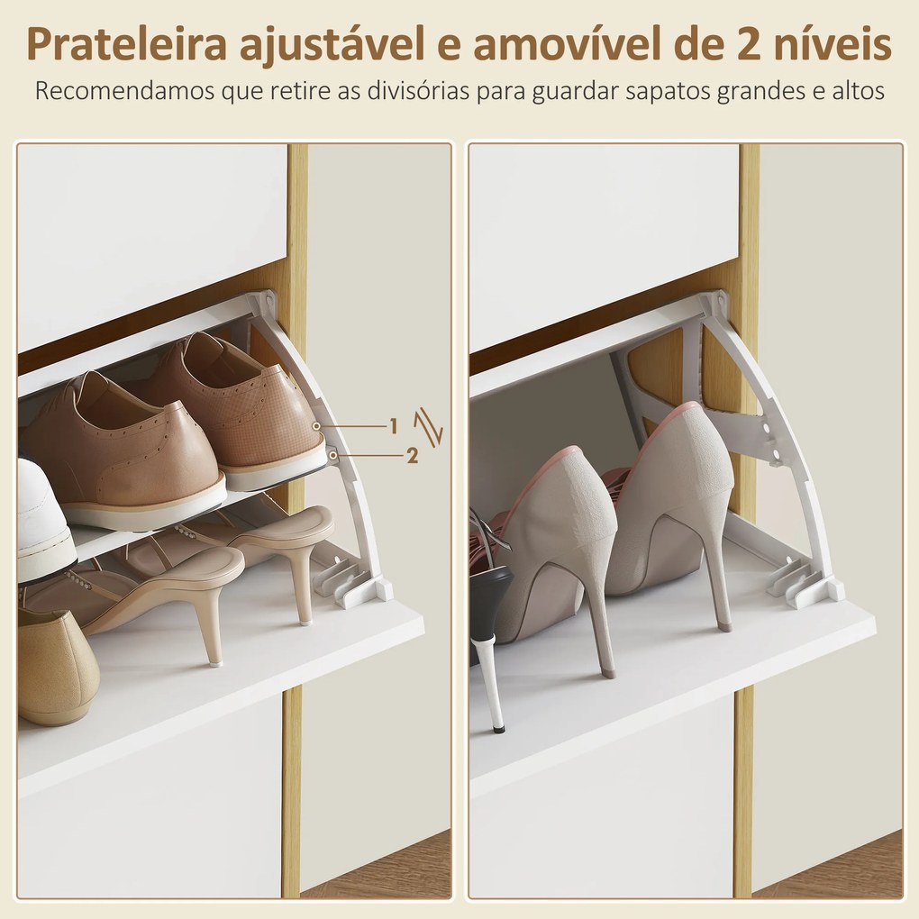 Sapateira Estreita com 3 Portas em Branco Brilhante Prateleiras Ajustáveis Pernas de Madeira para 18 Pares de Sapatos 60x24x127 cm