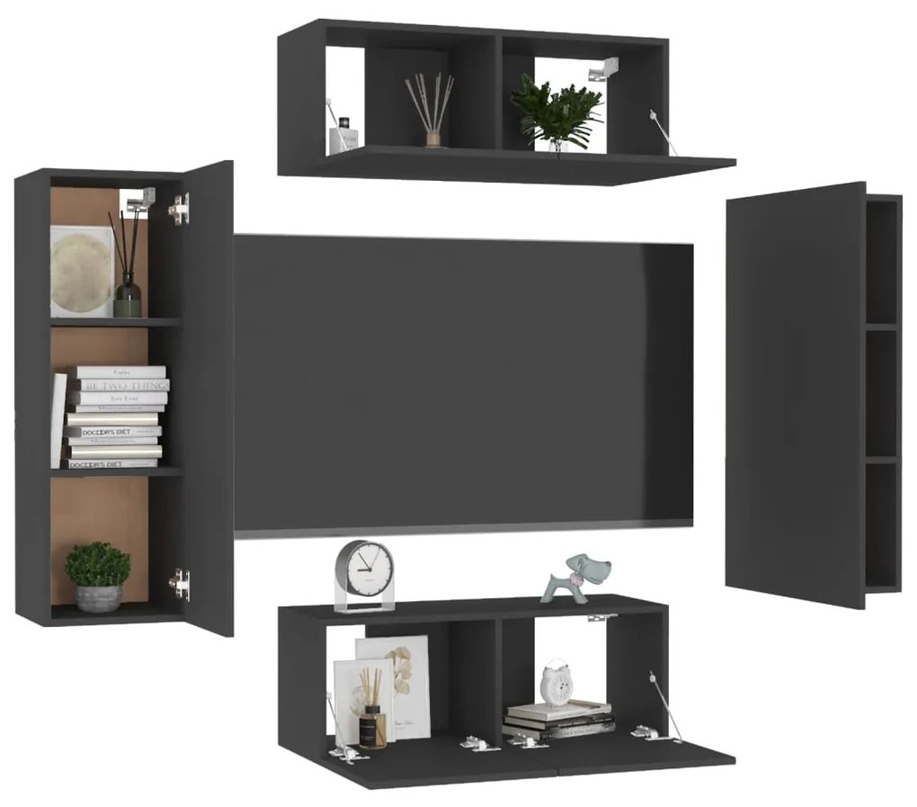 4 pcs conjunto de móveis de TV derivados de madeira preto
