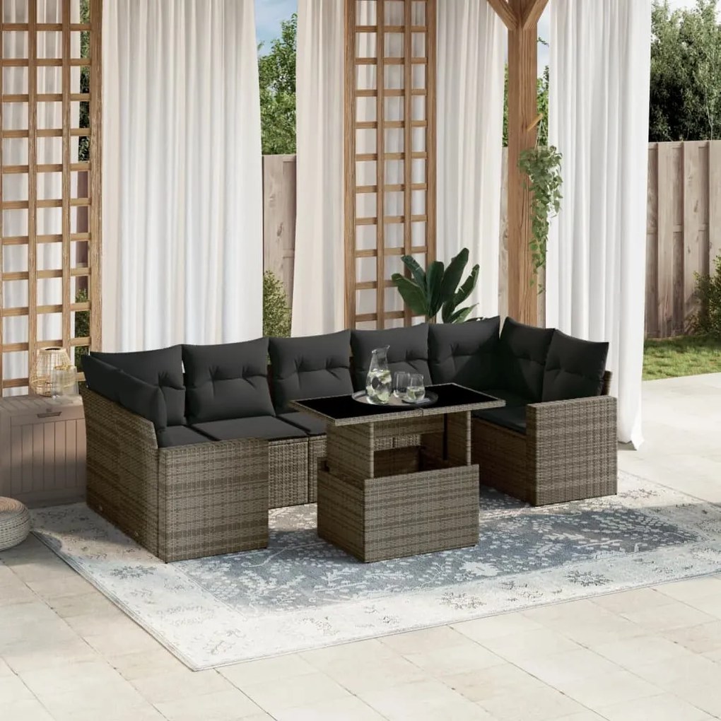 8 pcs conjunto sofás de jardim c/ almofadões vime PE cinzento