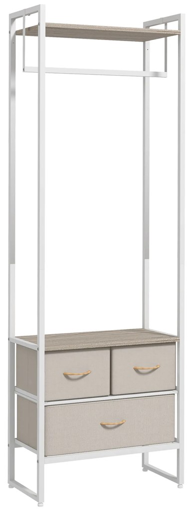 HOMCOM Suporte para Cabides com 3 Gavetas de Tecido Barra para Pendurar e Prateleira para Entrada Quarto 58,5x30x178 cm Natural