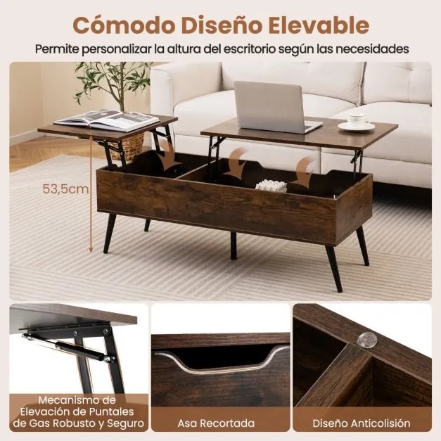 Mesa de centro moderna elevável com 2 compartimentos de armazenamento ocultos 111 x 48 x 40-53,5 cm Castanha