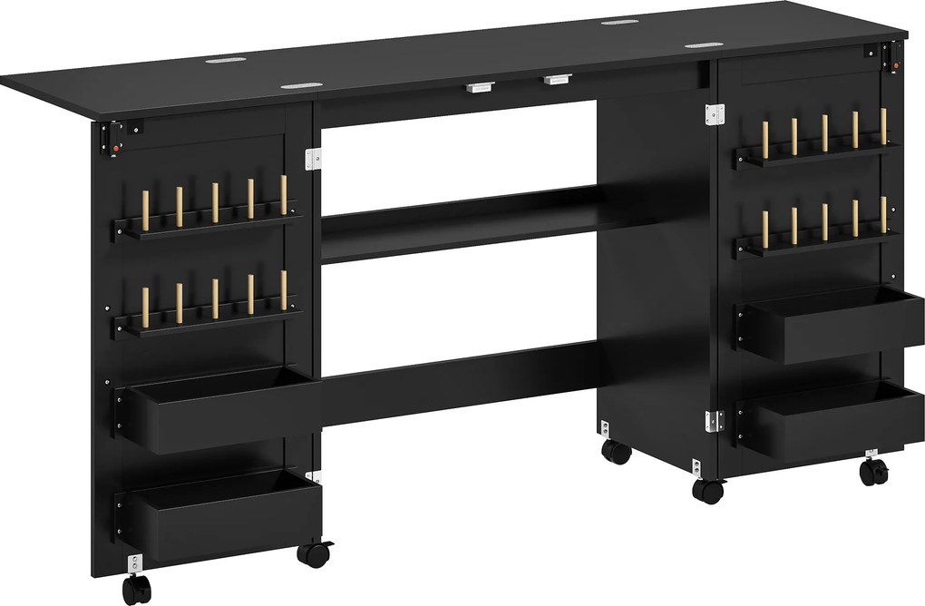 HOMCOM Mesa de costura dobrável, móvel de costura com rodízios, 2 portas magnéticas, 4 compartimentos, 20 ganchos, 160x40x83cm, preto | Aosom Portugal